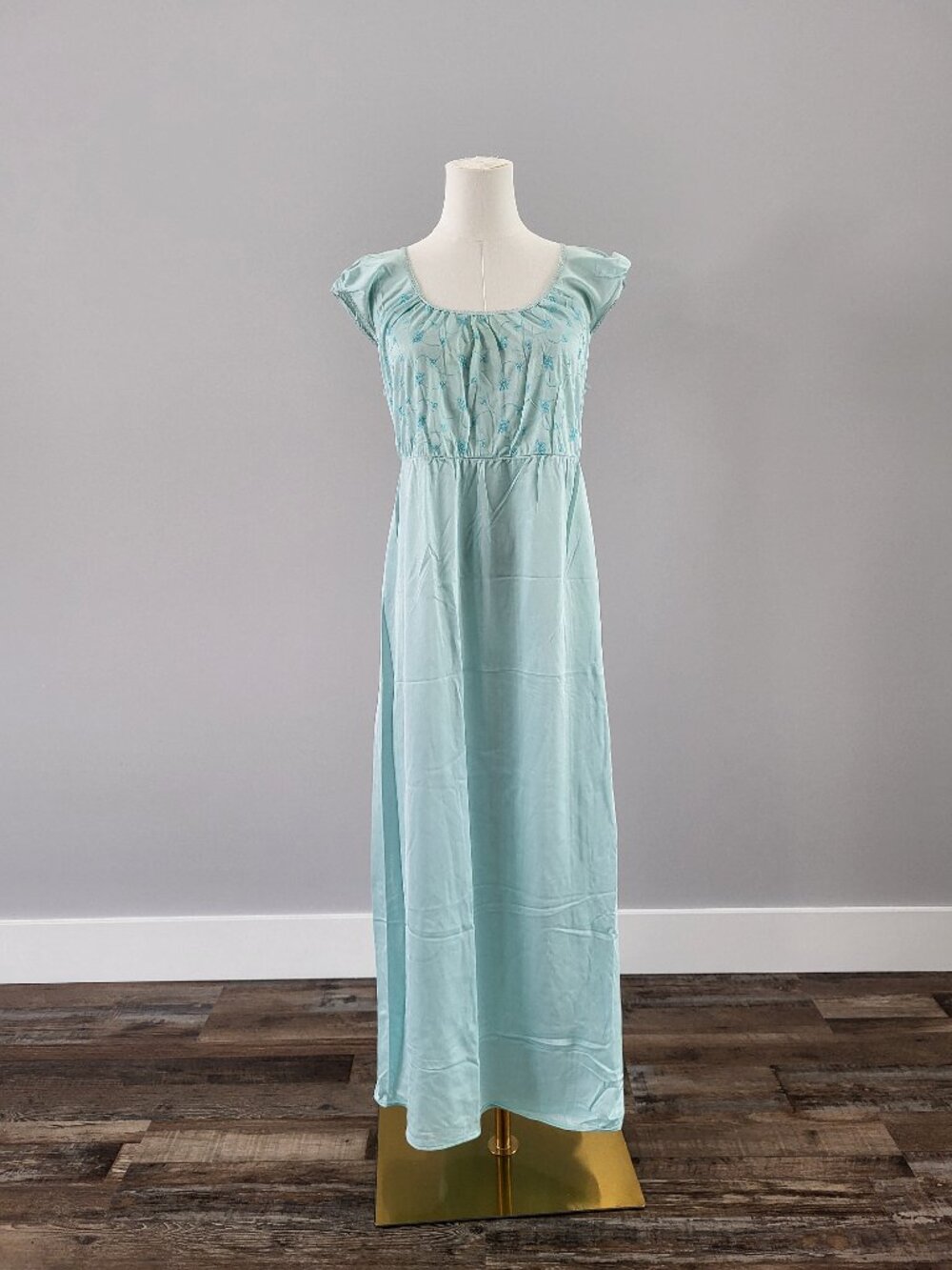 Vintage 60s 70s Aqua Nightgown Maxi Puff Sleeve Cottagecore Dress